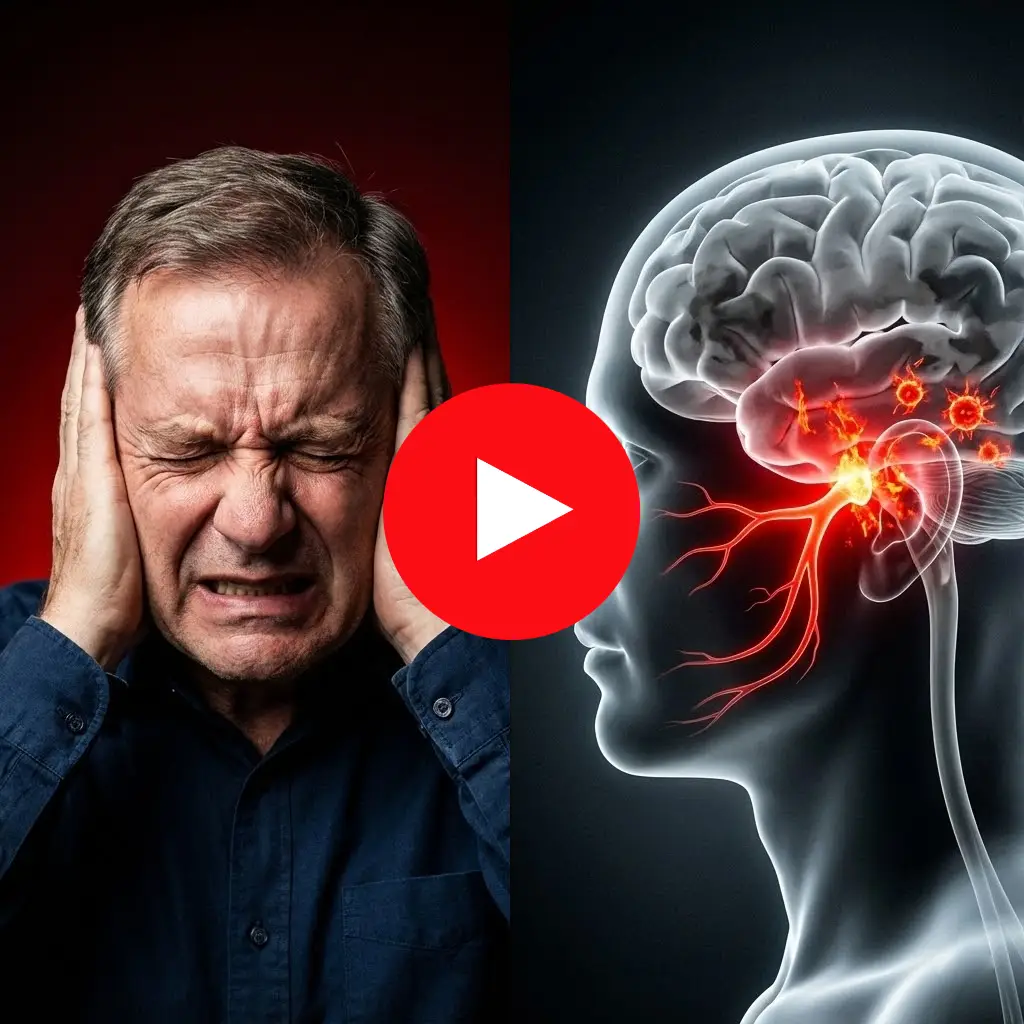 Miniatura de vídeo mostrando um homem idoso com expressão de dor intensa tapando os ouvidos, ao lado de uma ilustração médica do cérebro e nervos com áreas inflamadas em vermelho.